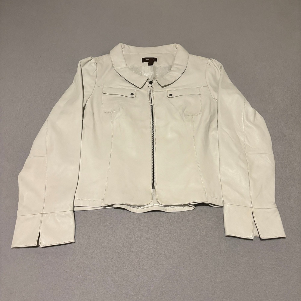 Danier Womens 2XL White Genuine Leather Zip Jacket Cream Polka Dot Lining